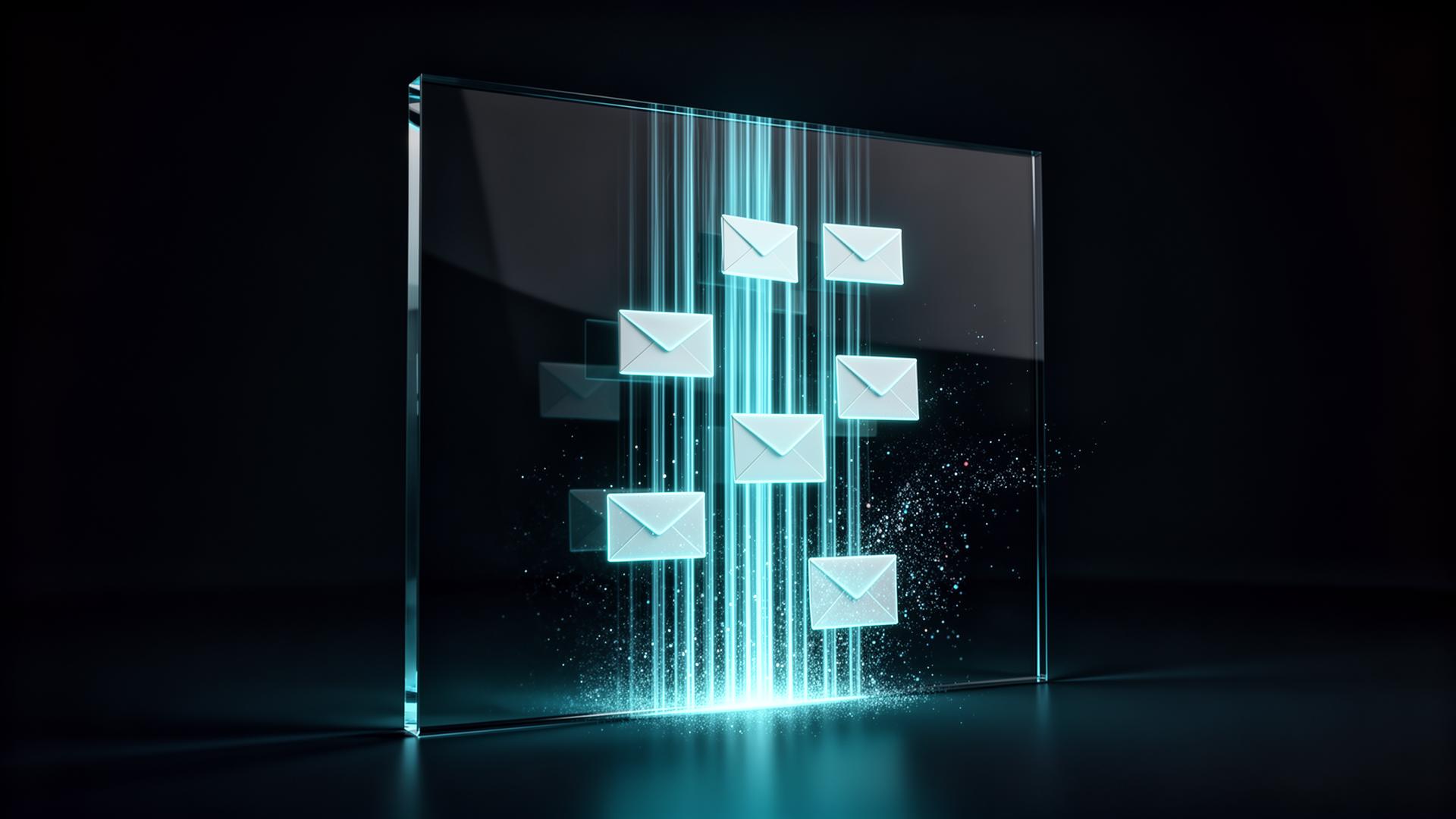 Glass filter membrane with email envelopes passing through cyan light beams